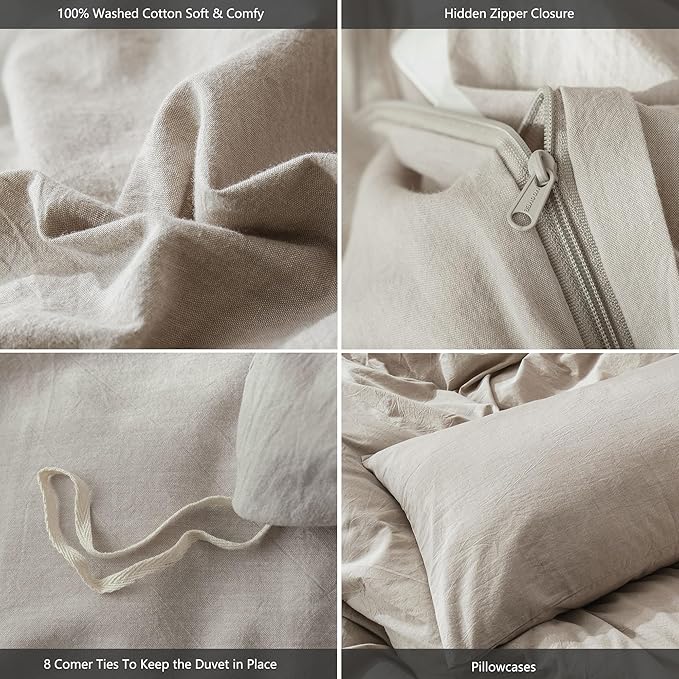 MooMee Bedding Duvet Cover Set 100% Washed Cotton Linen Like Textured Breathable Durable Soft Comfy (Heathered Tannish Linen Grey, Queen 90"x90")