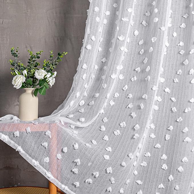 MYSKY HOME Pom Pom White Sheer Curtains for Bedroom Girls Room Curtains 63 inch Length for Nursery Kids Light Filtering Boho Window Drapes, Rod Pocket, 52" Wide, 2 Panels