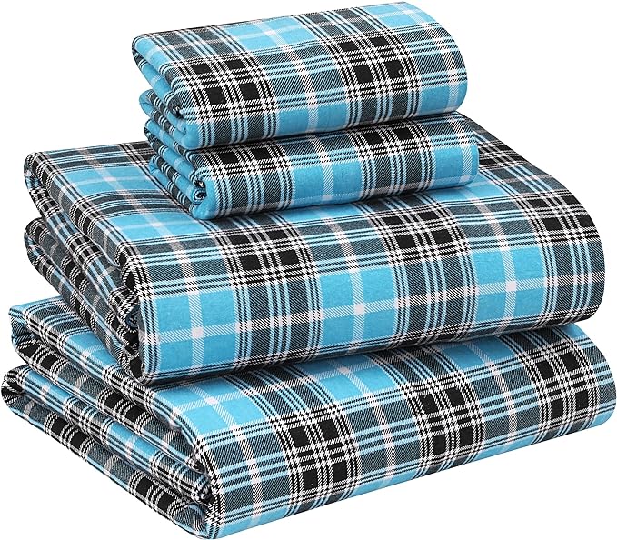RUVANTI Flannel Sheets Queen Size - 100% Cotton Double Brushed Bed Sheets, Deep Pockets 16 Inches Queen Sheet Set, All Seasons Breathable & Extra Soft - Warm & Cozy, 4 Piece, Teal Plaid