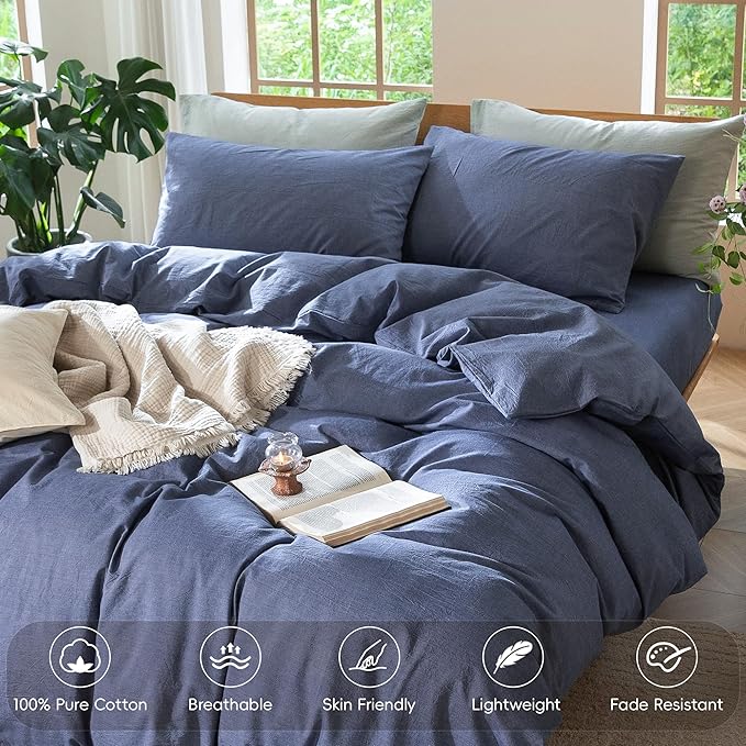 MooMee Bedding Duvet Cover Set 100% Washed Cotton Linen Like Textured Breathable Durable Soft Comfy (Heathered Blue, Super King 108"x98")