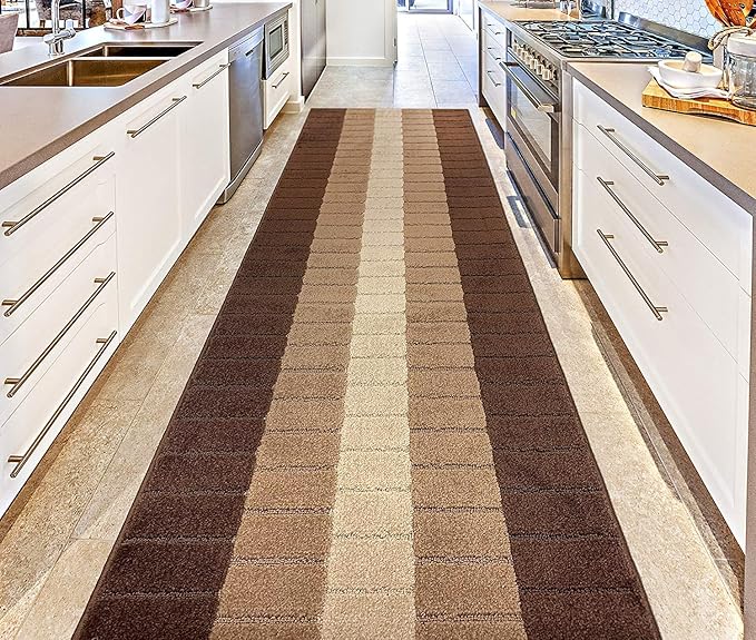 Custom Size Modern Geometric Pattern Carpet Runner Rug for Hallways, Slip Resistant Latex Rubber Backed, 31 inch Wide X Customized Length, Squares Brown, 31 inch X 6 feet