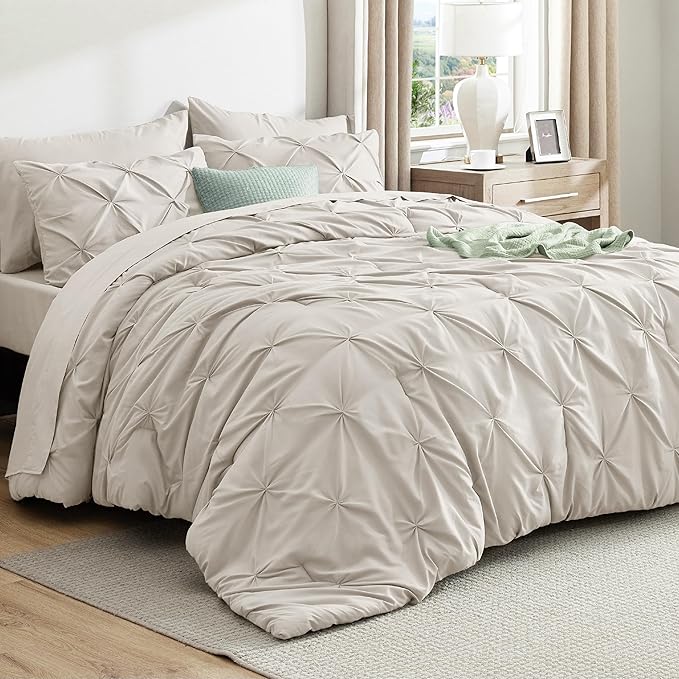 Bedsure Twin Comforter Set Linen - Bed in a Bag Twin Size Bedding 5 Pieces, GentleSoft™ Pintuck Bed Set Gift for Family, Pinch Pleat All Season Comforter with Sheets, Pillowcases & Shams
