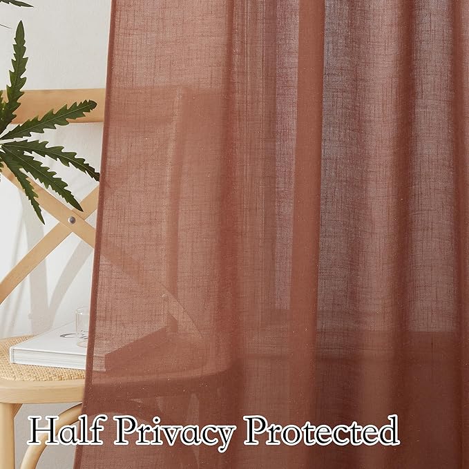 RYB HOME Flax Linen Blend Curtains 90 inches Long for Dining Room, Semi Translucent Wrinkle Resistance Washable Sheer for Laundry Room Bathroom, W 52 x L 90 inches, Terracotta, 2 Panels