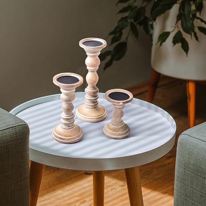 Mela Artisans Wooden Pillar Candle Holders | Willow Design | Set of 3 Mango Wood Candlesticks | Whitewash | Sizes 6" & 9" &12" | Table Decor | Centerpiece | Mantel | Wedding | Living Room Decor