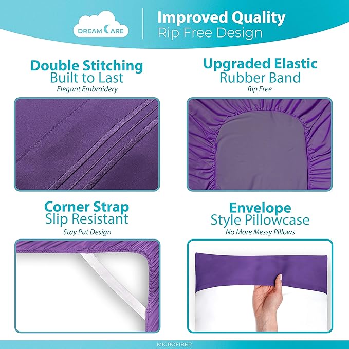 DREAMCARE King Size Sheets Set – 6 pcs Cooling Bed Sheets – up to 21” Deep Pocket King Sheet Set – 2500 Supreme Collection – Extra Soft 100% Brushed Microfiber Hotel Luxury with Side Pocket – Purple