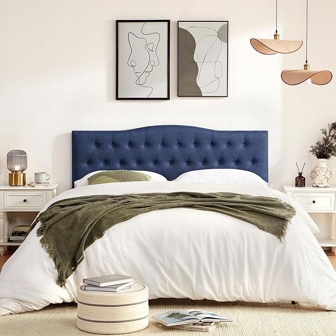 Tufted Upholstered Headboard California King Size, Sturdy and Durable Solid Wood Bed headboard, Fabric Headboard Adjustable Height from 37” to 51”, Button Diamond Design Head Board, Blue