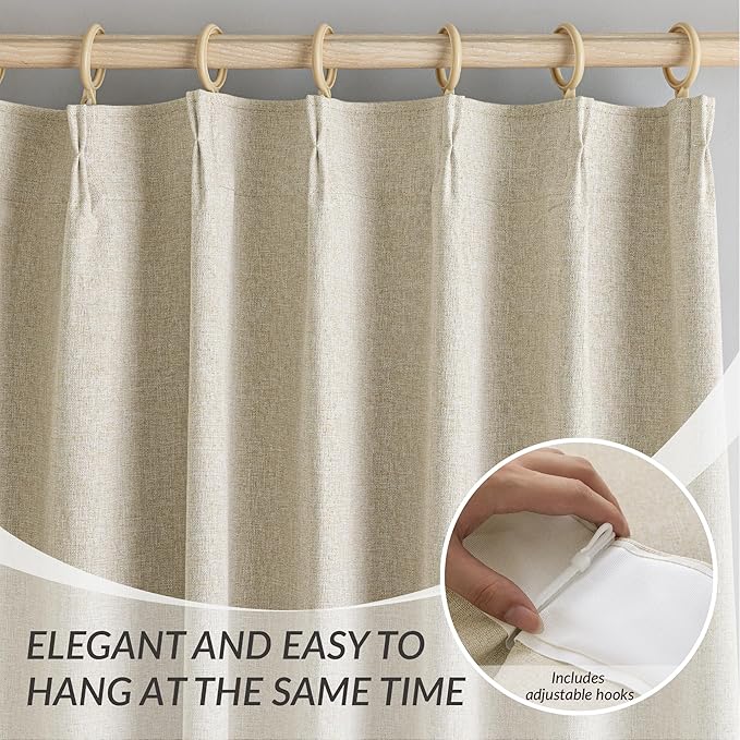 KangBang Pinch Pleated Blackout Curtains 63 Inch Length, Linen Textured Thermal Window Panels for Bedroom Kitchen,Small Window Black Out Drapes with Hooks, Natural Beige, 42Wx63L, 2 Panels