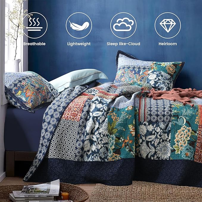 Secgo Twin Size Quilt Size - 100% Cotton Twin Comforter Set Bedding Sets (68 * 86 Inch) with 2 Pillow Shams, Patchwork Reversible Lightweight Bedspread