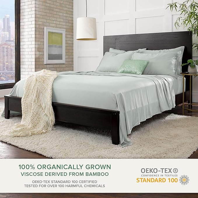 Full Sheets by Pure Bamboo, Genuine 100% Organic Viscose Derived from Bamboo Bed Sheet Set, Luxuriously Soft & Cooling, Double Stitching, Lifetime Quality Promise (Full, Sea Glass)