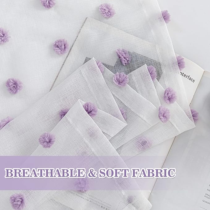 MYSKY HOME Purple Curtains for Girls Bedroom 90 Inch Long White Sheer Curtains with Lilac Pom Pom for Living Room Nursery Curtains 2 Panels Light Filtering Rod Pocket Semi Window Drapes 52 x 90 inch