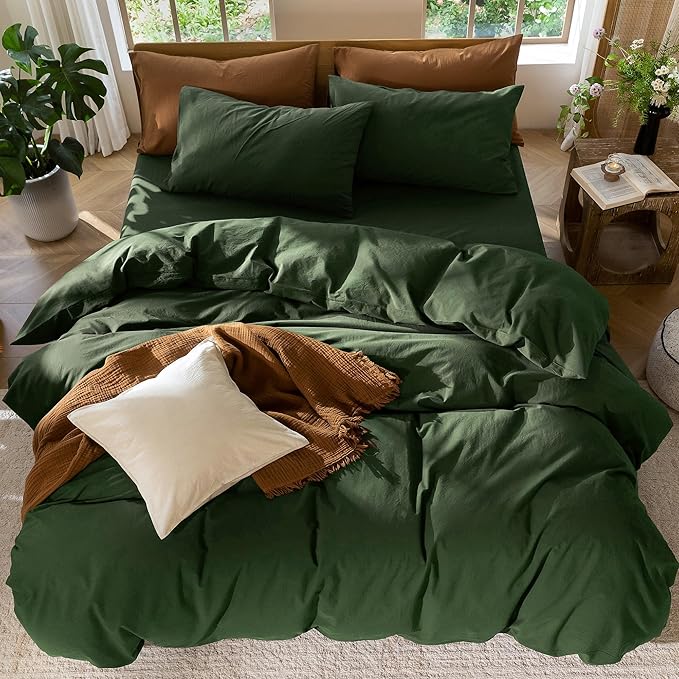 MooMee Bedding Duvet Cover Set 100% Washed Cotton Linen Like Textured Breathable Durable Soft Comfy (Solid Forest Green, Twin 68"x90")