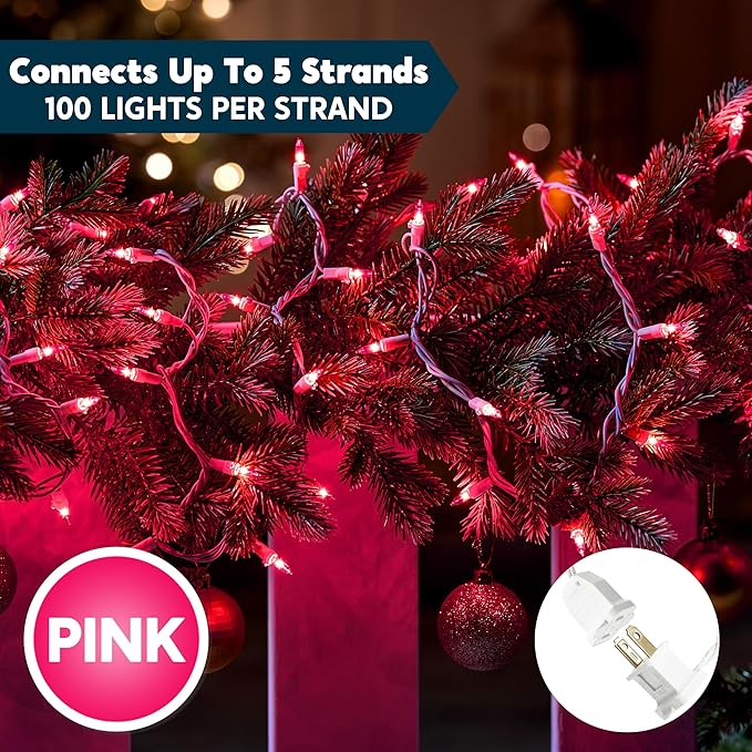 Joiedomi Christmas String Lights Indoor,200(2×100) Mini Pink Light,42.8 FT Lighting Decor for Dorm Classroom Bedroom Holiday Wedding Party Garland Birthday Festival,White Wire