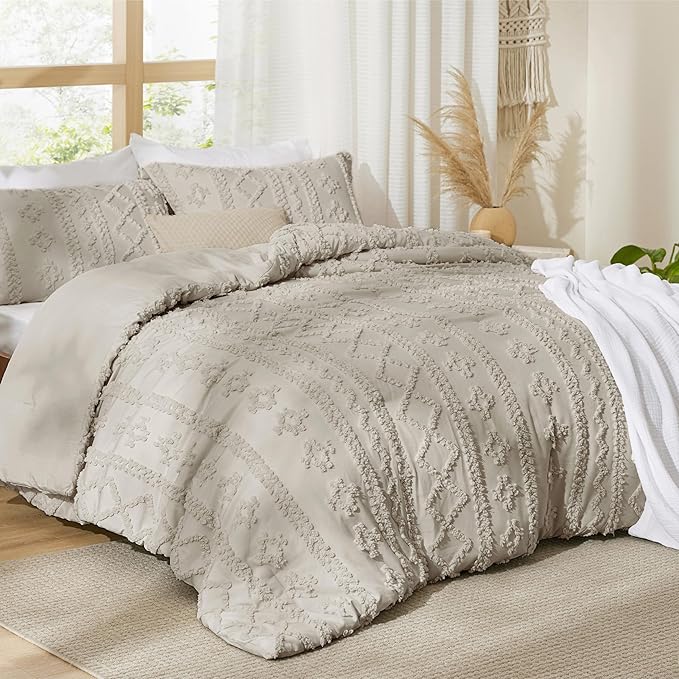 Bedsure Tufted Boho Comforter Set King Size - Linen Boho Bed Set, GentleSoft™ 3 Pieces Farmhouse Shabby Chic Embroidery Bedding, Gifts for Woman, Soft Jacquard King Comforter for All Seasons