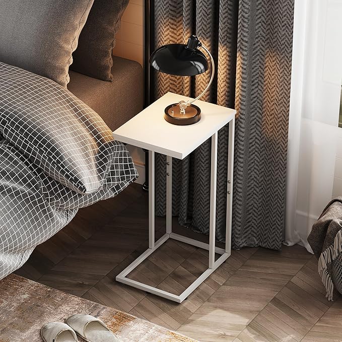 WLIVE Side Table, C Shaped End Table for Couch, Sofa and Bed, Large Desktop C Table for Living Room, Bedroom, Creamy White