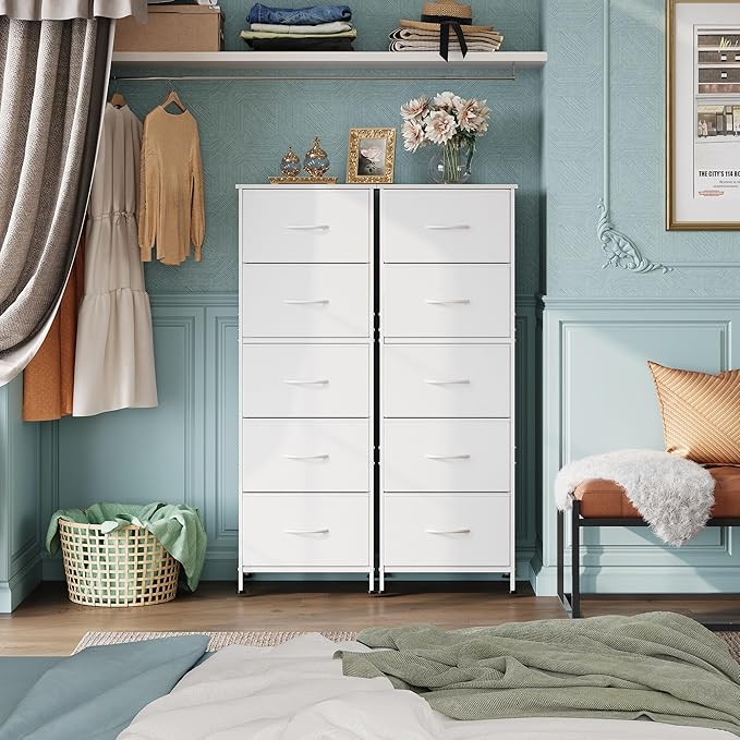 WLIVE Fabric Dresser, 5-Drawer Tall Dressers for Bedroom, Storage Dresser Organizer with Fabric Bins, Wood Top, Sturdy Steel Frame, Chest of Drawers for Closet, Hallway, White