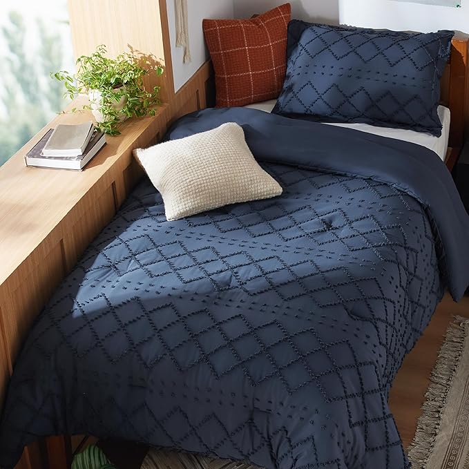 Bedsure Twin Comforter Set - Navy Blue Comforter, Boho Tufted Shabby Chic Bedding for Kids, 2 Pieces Vintage Farmhouse Bed Set for All Seasons, Fluffy Soft Bedding with 1 Pillow Sham