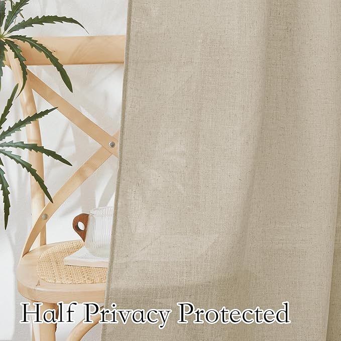 RYB HOME Semi Sheer Curtains - Linen Textured Fabric Privacy Sheer Light Filtering Window Decor for Bedroom Kitchen Bath Kids Nursery, Beige, Wide 52 x Long 45 inch, Set of 2