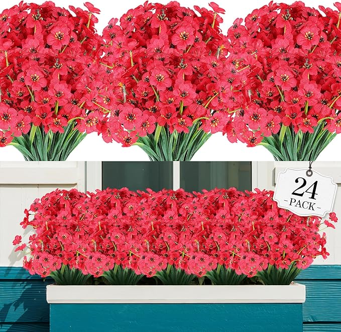 AGIRL 24 Bundles Artificial Flowers for Outdoor,No Fade Fake Plastic Flowers Faux Plants for Decoration Hanging Planters Indoor Outside Garden Porch Window Box Home Wedding Farmhouse