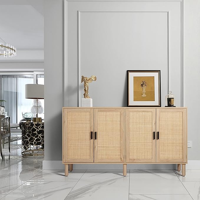 Finnhomy 4 Door Sideboard Buffet Cabinet, Kitchen Storage Cabinet with Rattan Decorated Doors, Cupboard Console Table, Boho Accent Liquor Cabinet for Home Bar, 62.3X 15.7X 34.6 Inches, Natural