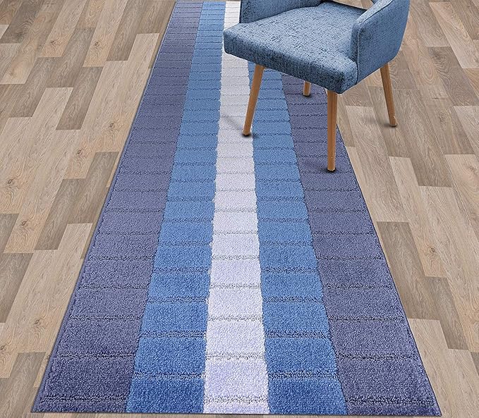 Custom Size Coastal Nautical Style Runner Rug Carpet for Hallway Entryway, Slip Resistant Latex Rubber Backed, 31 inch Wide X Customized Length, Squares Blue, 31 inch X 25 feet