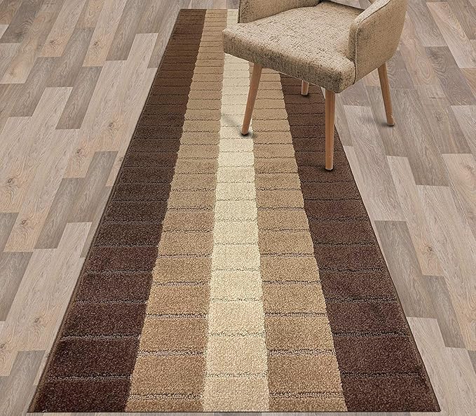 Custom Size Modern Geometric Pattern Carpet Runner Rug for Hallways, Slip Resistant Latex Rubber Backed, 31 inch Wide X Customized Length, Squares Brown, 31 inch X 27 feet