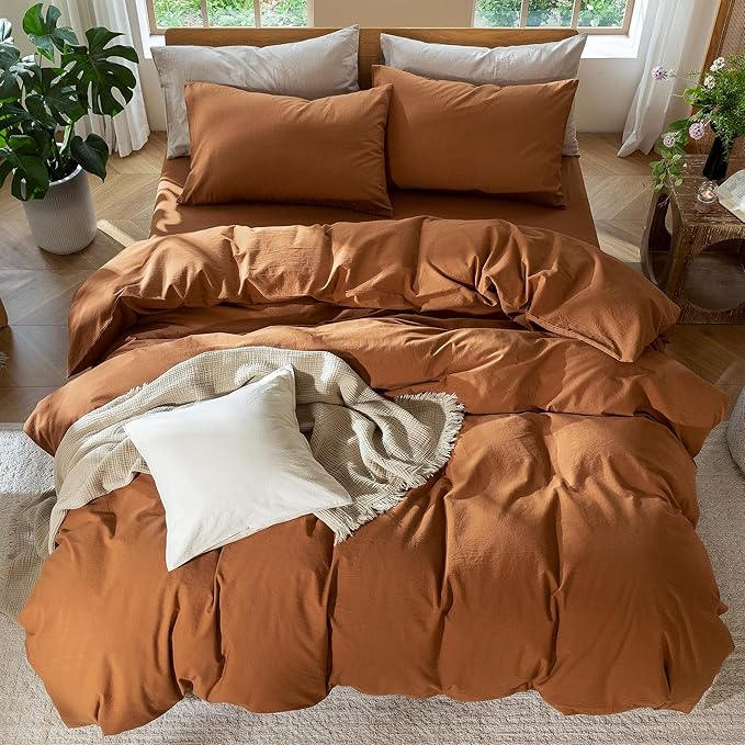 MooMee Bedding Duvet Cover Set 100% Washed Cotton Linen Like Textured Breathable Durable Soft Comfy (Solid Dark Orange, King 104"x90")