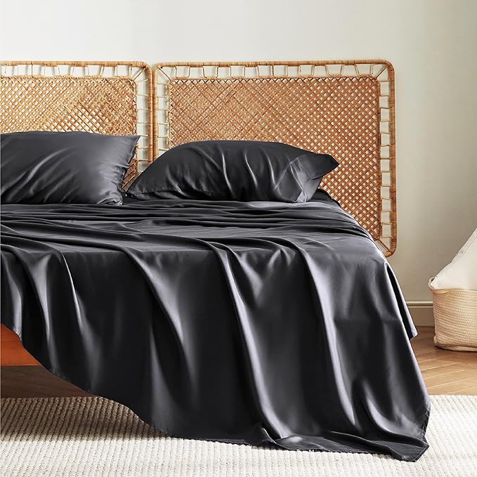 Bedsure Twin Sheets Set, Cooling Sheets Twin Size Bed Set, Rayon Derived from Bamboo, Twin Size Sheets, Breathable & Soft Bed Sheets, Hotel Luxury Silky Bedding Sheets & Pillowcases, Black