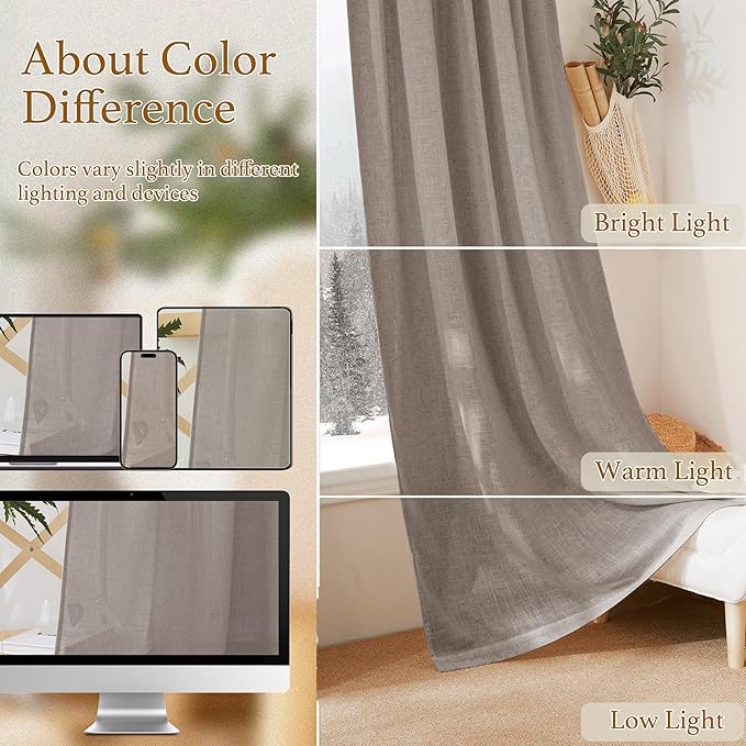 RYB HOME Linen Texture Sheer Curtains 90 inches, Rustic Style Solid Semi Sheer Half Privacy Drapes for Farmhouse Dorm Office Dining, Birch Brown, W 52 x L 90 inches, Set of 2