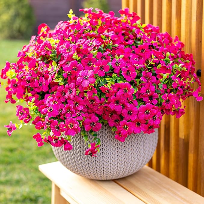 Artificial Flowers for Outdoors Fake Plants - 16 Bundles Faux Outside Greenery Boxwood No Fade Plastic Shrubs Fall Decor Farmhouse Home Garden Thanksgiving Mums (Red)