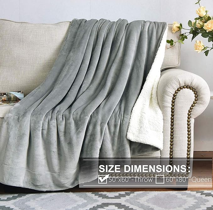 NANPIPER Sherpa Blanket Warm Blankets for Winter Super Soft Fuzzy Flannel Fleece/Wool Like Reversible Velvet Plush Couch Blanket Lightweight(Light Grey Throw Size 50"x60")