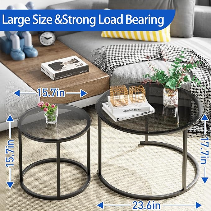 aboxoo Nesting Coffee Table Grey Glass Table Set of 2, Small Round Glass Nesting Tables for Living Room Bedroom, Accent Tea Table with Metal Frame Modern Industrial Simple
