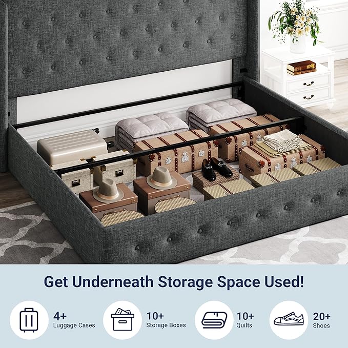Allewie King Size Lift Up Storage Bed, Button Tufted Headboard with Wingback, Hydraulic Support, No Box Spring Needed, Dark Grey