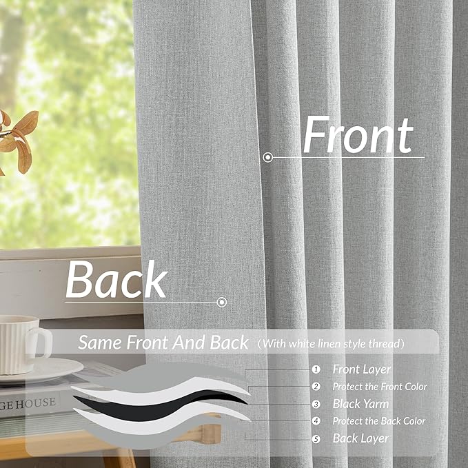 KangBang Grey Black Out Linen Curtains 96 Inches Long, Pinch Pleated Blackout Drapes for Living Room Office with Hooks Track System, Aesthetic Boho Vertical Home Decor(2 Panels,42Wx96L, Light Grey)