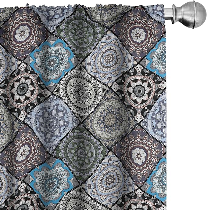 Ambesonne Moroccan Curtains, Detailed Flower Designs with Checkered Pattern and Antique Cultural Inspirations, Window Treatments 2 Panel Set for Living Room Bedroom, Pair of - 28" x 63", Blue Black