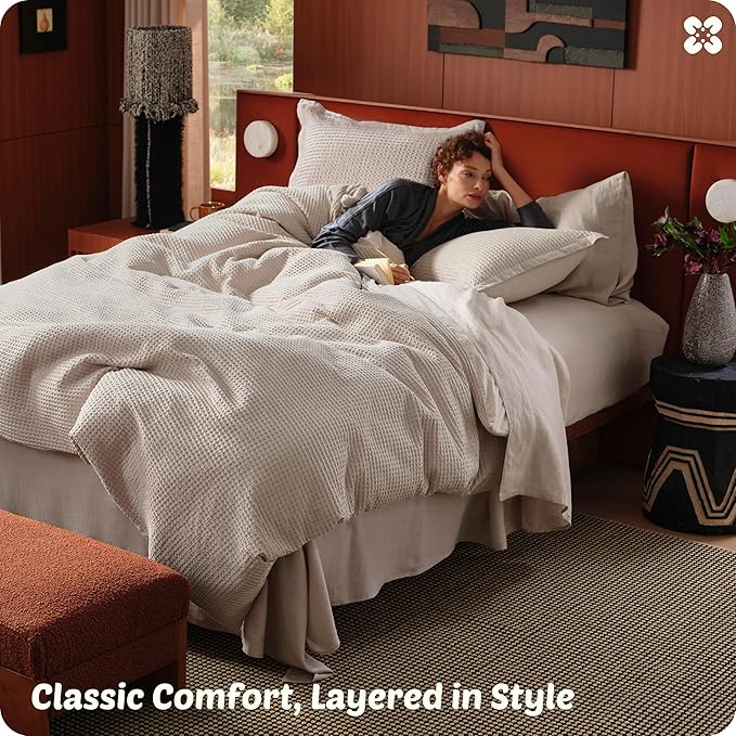 Bedsure Cotton Duvet Cover King - 100% Cotton Waffle Weave Linen Color Duvet Cover, GentleSoft™ and Breathable King Bedding Set for All Season, 3 Pieces, 104"x90"