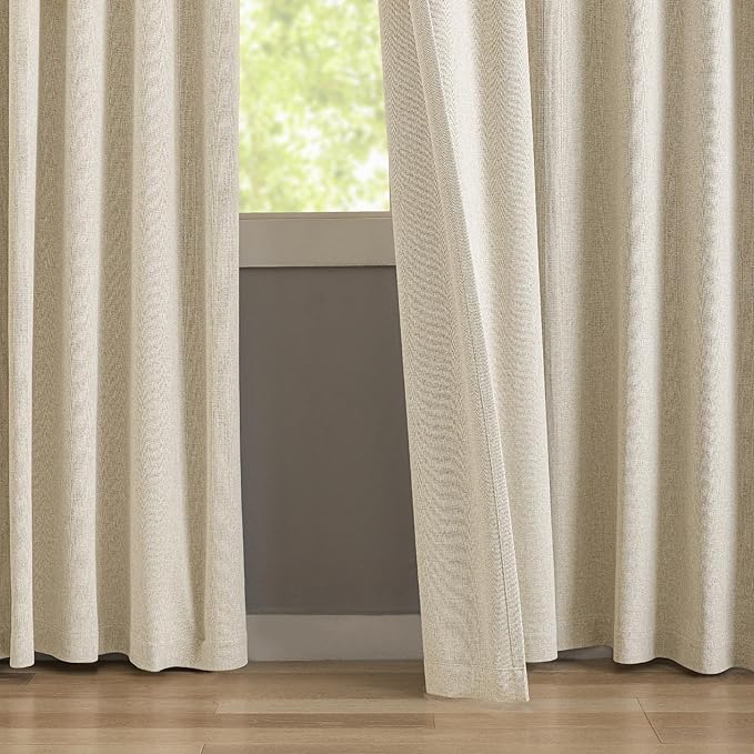 KangBang Pinch Pleated Blackout Curtains 63 Inch Length, Linen Textured Thermal Window Panels for Bedroom Kitchen,Small Window Black Out Drapes with Hooks, Natural Beige, 42Wx63L, 2 Panels