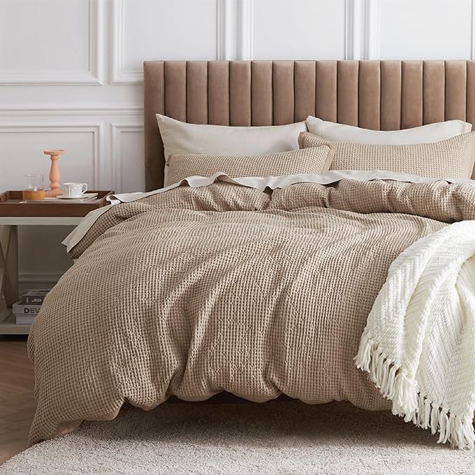 Bedsure Cotton Duvet Cover Queen - 100% Cotton Waffle Weave Khaki Duvet Cover Queen Size, GentleSoft™ and Breathable Tan Bedding Set for All Season, 3 Pieces, 90"x90"