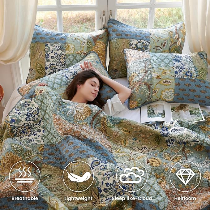Secgo Twin Size Quilt Size - 100% Cotton Comforter Set Bedding Sets (68 * 86 Inch) with 2 Pillow Shams, Patchwork Reversible Lightweight Bedspread