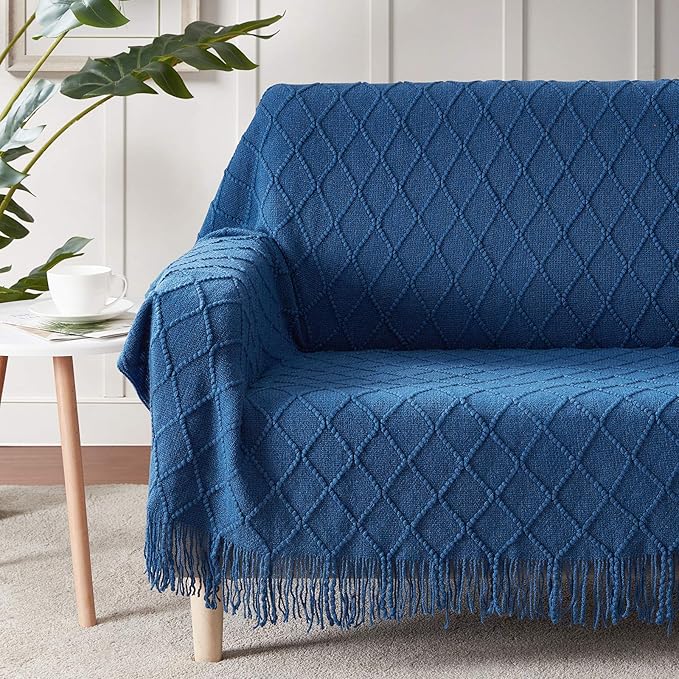 BOURINA Royal Blue Throw Blanket 60x80 Inches Throw Textured Solid Soft Sofa Throw Couch Knitted Decorative Blanket