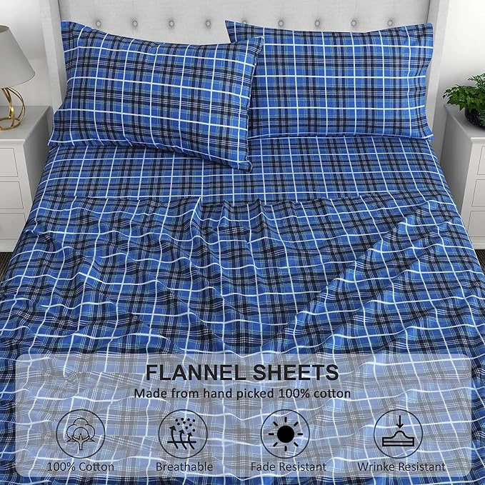 RUVANTI Flannel Sheets Twin Size - 100% Cotton Double Brushed Twin Sheets Set, Deep Pockets 16 Inches, All Seasons Breathable & Extra Soft Bed Sheets, Warm & Cozy, 3 Piece, Blue Plaid