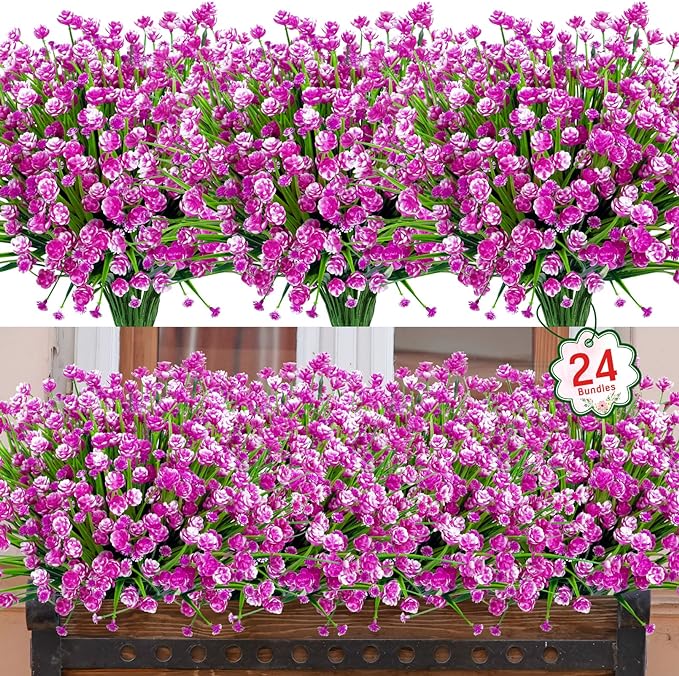 Ouddy Decor 24 Bundles Artificial Flowers for Outdoors UV Resistant Fake Plastic Plants Faux Boston Fern Greenery Stems for Spring Summer Indoor Garden Patio Window Box Kitchen Home Decor, Fuchsia