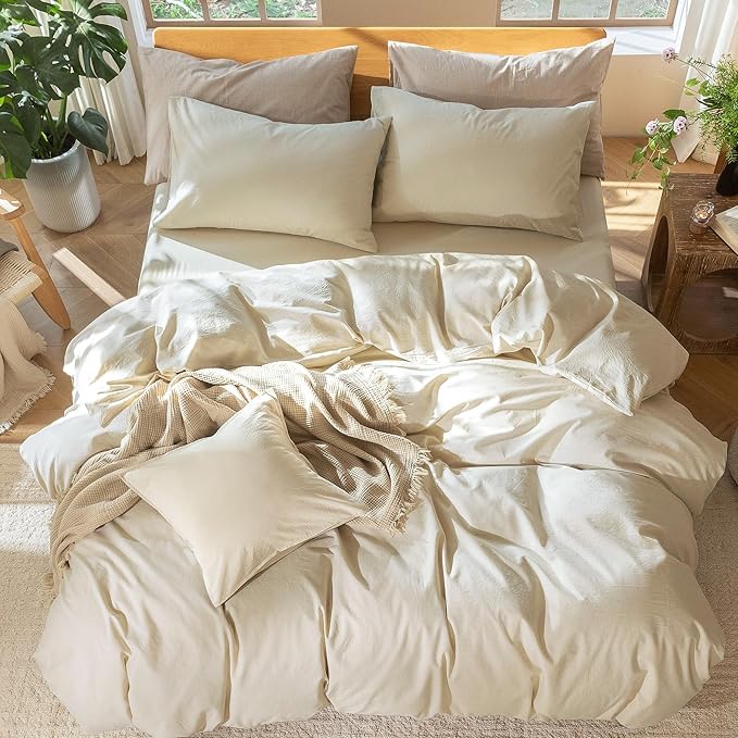 MooMee Bedding Duvet Cover Set 100% Washed Cotton Linen Like Textured Breathable Durable Soft Comfy (Heathered Almond Milk Grey, Full 80"x90")