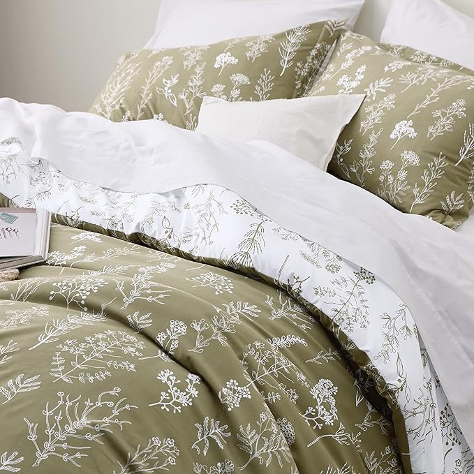 Bedsure King Comforter Set - Olive Green Bed Set, 3 Pieces Cute Floral Bedding, 1 Soft Reversible Botanical Flowers Comforter and 2 Pillow Shams