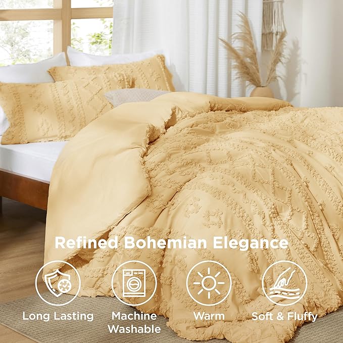 Bedsure Tufted Boho Comforter Set King Size - Yellow Boho Bed Set, GentleSoft™ 3 Pieces Farmhouse Shabby Chic Embroidery Bedding, Gifts for Woman, Soft Jacquard King Comforter for All Seasons