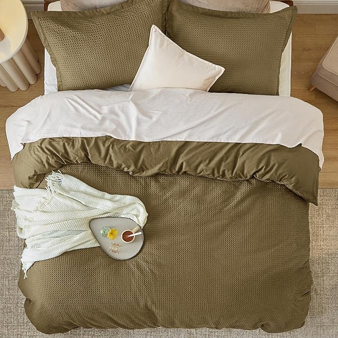 Bedsure Cotton Duvet Cover King - 100% Cotton Waffle Weave Fennel Seed Duvet Cover King Size, GentleSoft™ and Breathable Bedding Set for All Season, 3 Pieces, 104"x90"