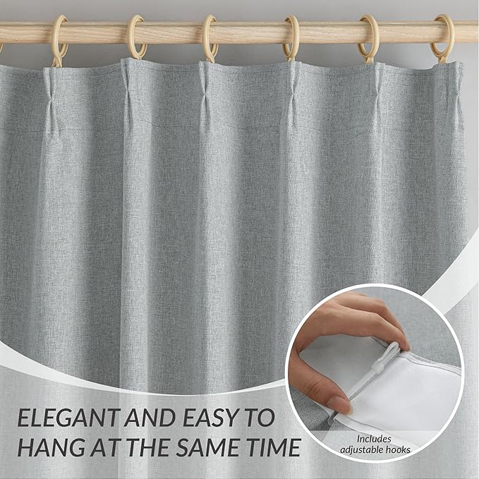 KangBang Pinch Pleat 90 Inch Blackout Curtains for Bedroom, Linen Woven Textured Pleated Drapes 2 Panels Set for Living Room Office, Sun Blocking Neutral Window Treatments,42x90 Inch, Fog Grey