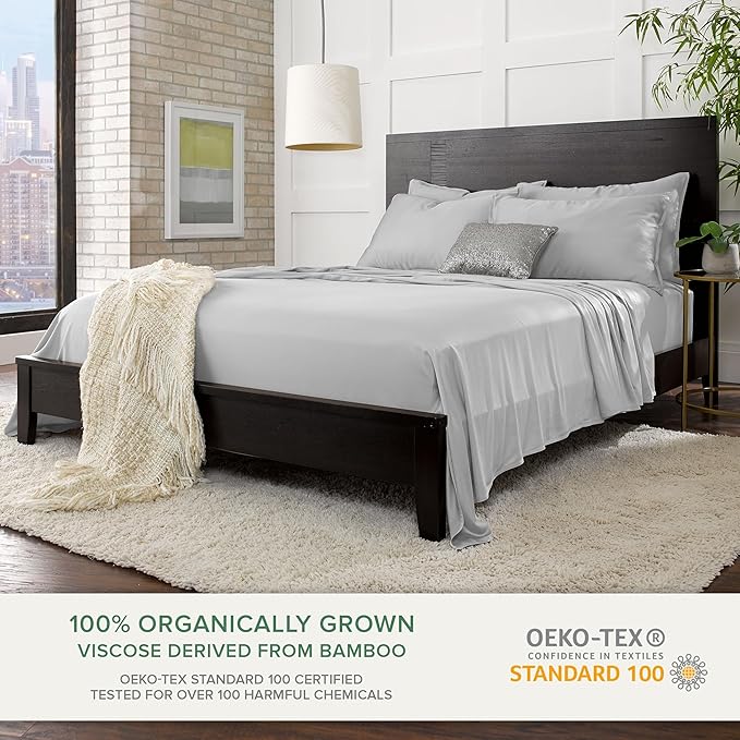 Queen Sheets by Pure Bamboo, Genuine 100% Organic Viscose Derived from Bamboo Bed Sheet Set, Luxuriously Soft & Cooling, Double Stitching, Lifetime Quality Promise (Queen, Silver Pearl)