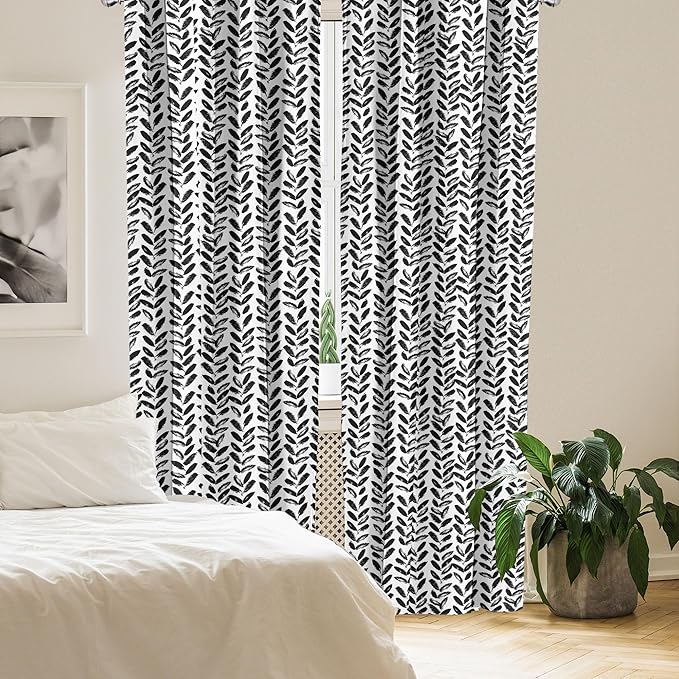 Ambesonne Black and White Window Curtains Pack of 2, Modern Grunge Botany Motif Monochrome Brush Paint Style Strokes, Lightweight Set with Rod Pocket, 4 Panels of - 28" x 63", White and Black
