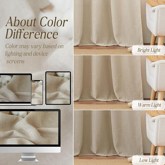 RYB HOME Sheer White Curtains - Natural Linen Semi Sheer Curtains Grommet Privacy Protection for Bedroom Living Room Large Window Decor, 100 x 108 inch Long, Beige