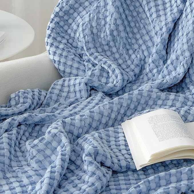 Bedsure Cooling Cotton Waffle Twin XL Blanket - Lightweight Breathable Blanket of Rayon Derived from Bamboo for Hot Sleepers, Luxury Throws for Bed, Couch and Sofa, Sky Blue, 66x90 Inches